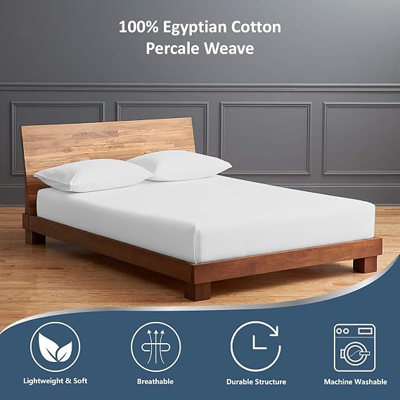 Percale 400 Thread Count Queen Size Sheets 100% Egyptian Cotton 4 PC Sheet Set, Crisp & Cool Percale Weave, Fits Upto 12 Inch Deep Pocket Mattress - White