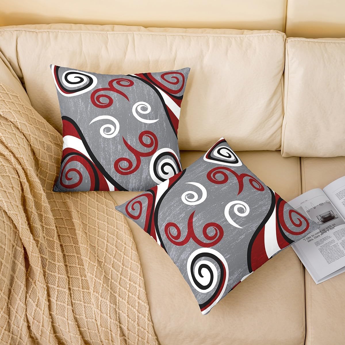 Modern Retro Creative Lines Double Sides Print Pillow Cover for Sofa Couch Chair,Abstract Swirls Throw Pillow Case Cover,Red Gray White Geometric Single Pack Cushion Cover Room Decor,24"x 24"