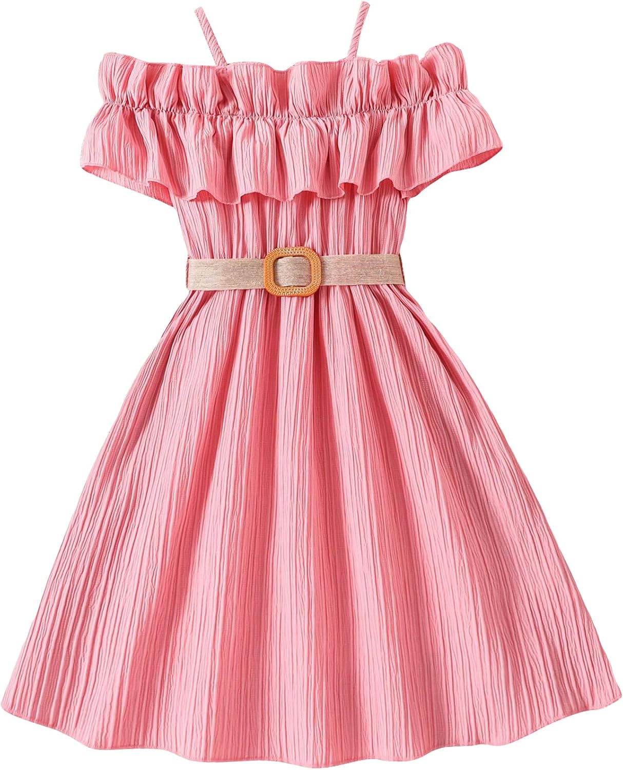 Floerns Girls Cold Shoulder Ruffle Trim Short Sleeve Belted A Line Midi Dress