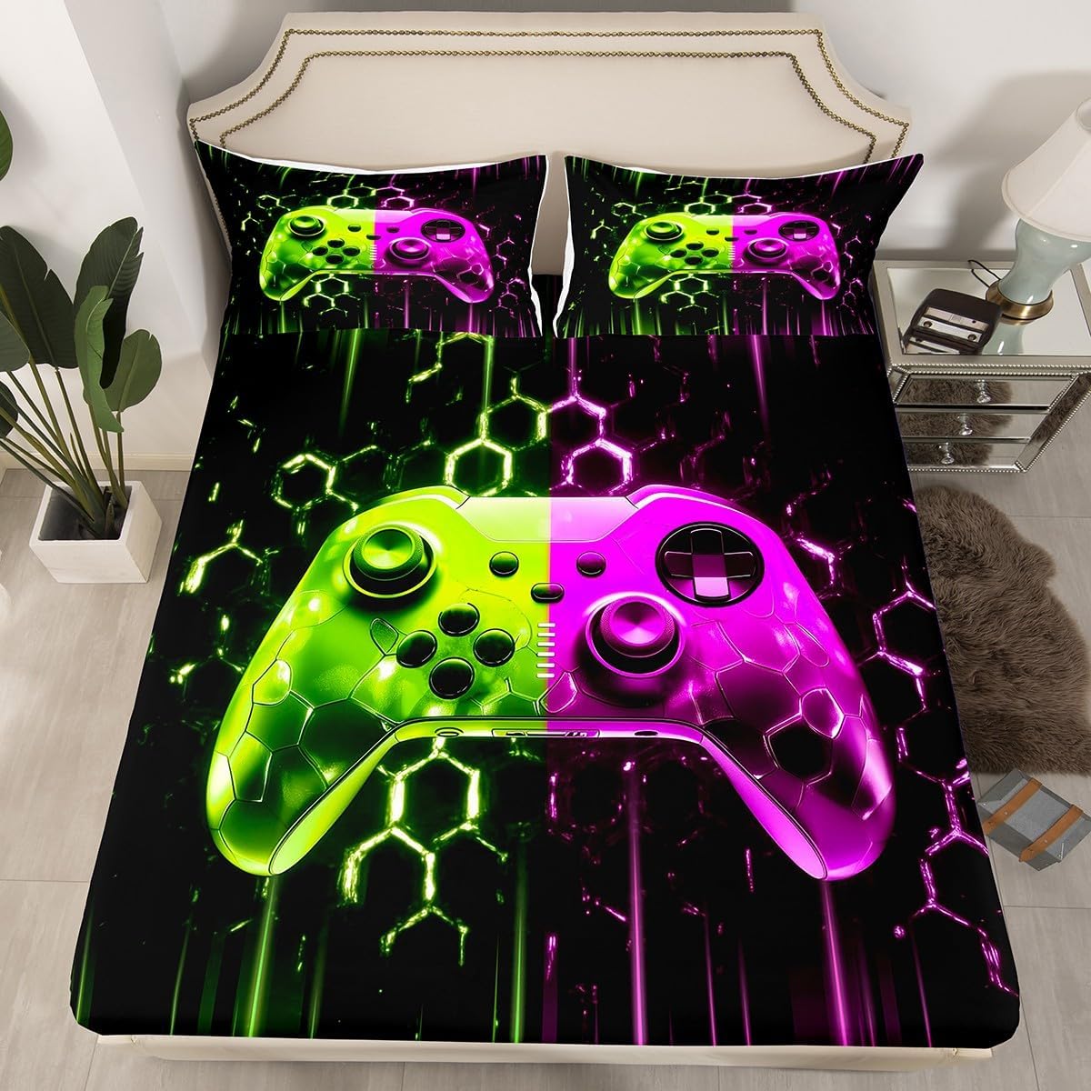 Video Gamer Controller Fitted Sheet Queen Size Green Grid Games Console Bedding Sheet Set No Top Sheet,Kids Gaming Bed Cover Ultra Soft Breathable Bedding 3 Pcs
