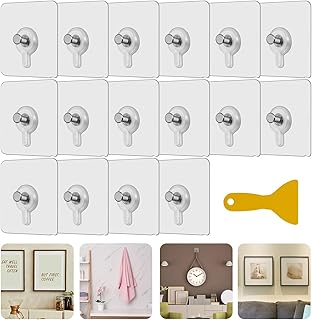 PEAKTOP 16 Self Adhesive Hanging Nail, Punch Free Wall-Mounted Screw Hooks, Seamless Waterproof Hooks, Transparent No Drilling Magic Hook Set with Scraper for Wall Picture Bathroom Kitchen