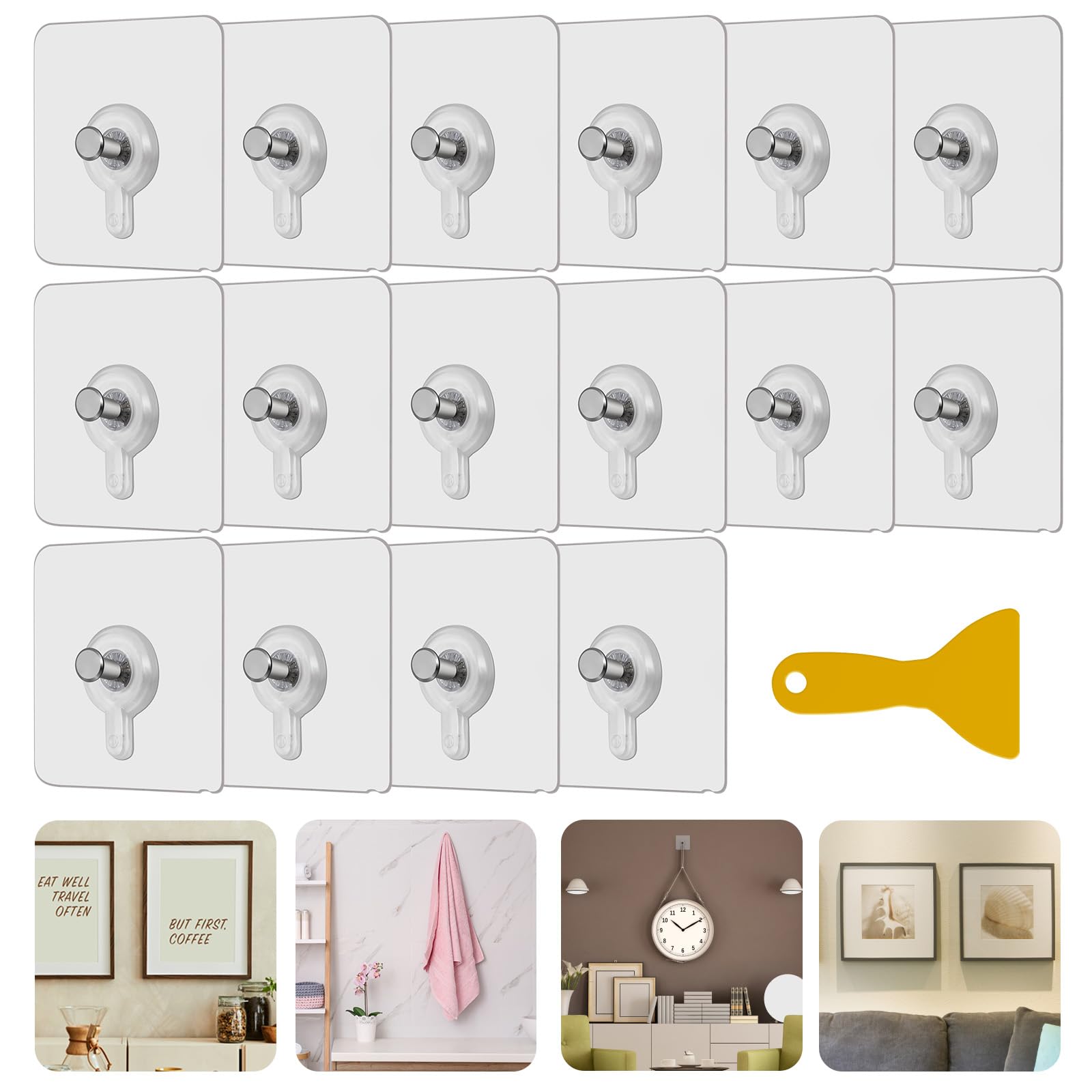 16 Crochets Auto-adhésifs Transparents pour Accrochage Sans Perçage