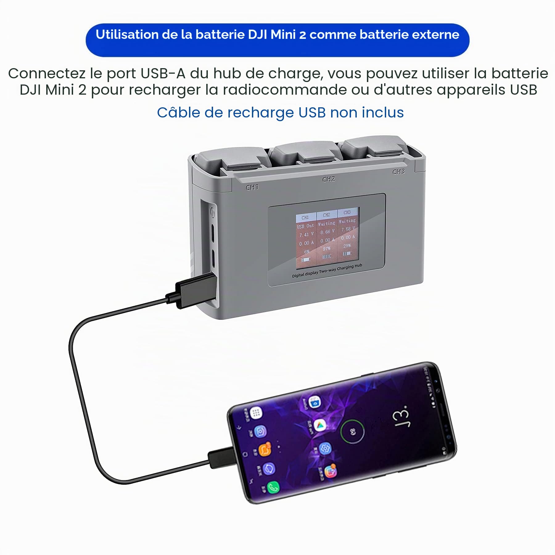 Chargeur de Batterie à écran LCD USB Charge bidirectionnelle Chargeur Intelligent Hub Station de Charge de Batterie pour DJI Mini 2 Mini SE Drone