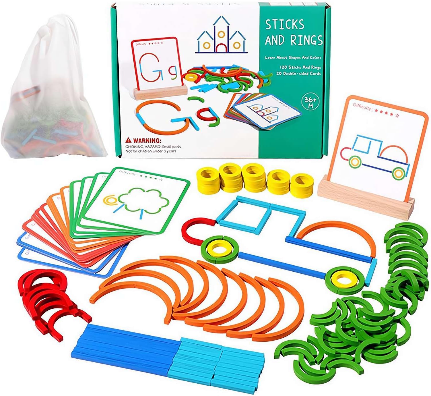 142Pcs Smart Sticks, Wooden Pattern Blocks Shape Puzzles, Wooden Sticks And Rings Puzzle Game, Art in One Toy, Preschool Brain Teaser Toys