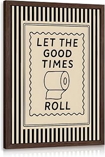 Cyebmo Funny Bathroom Wall Art, Let The Good Times Roll Toilet Paper Wall Decor, Black Beige Farmhouse Bathroom Poster Print, Modern Minimalist Artwork for Restroom Washroom Wood Framed 12x16 Inch