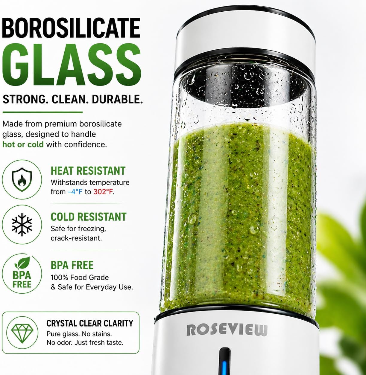 Portable Smoothie blender ROSEVIEW Glass bottle USB rechargeable mini Handheld Ice Shakes Cup 2 blend juicer Cordless Personal smoothies maker Fruit blast mixer