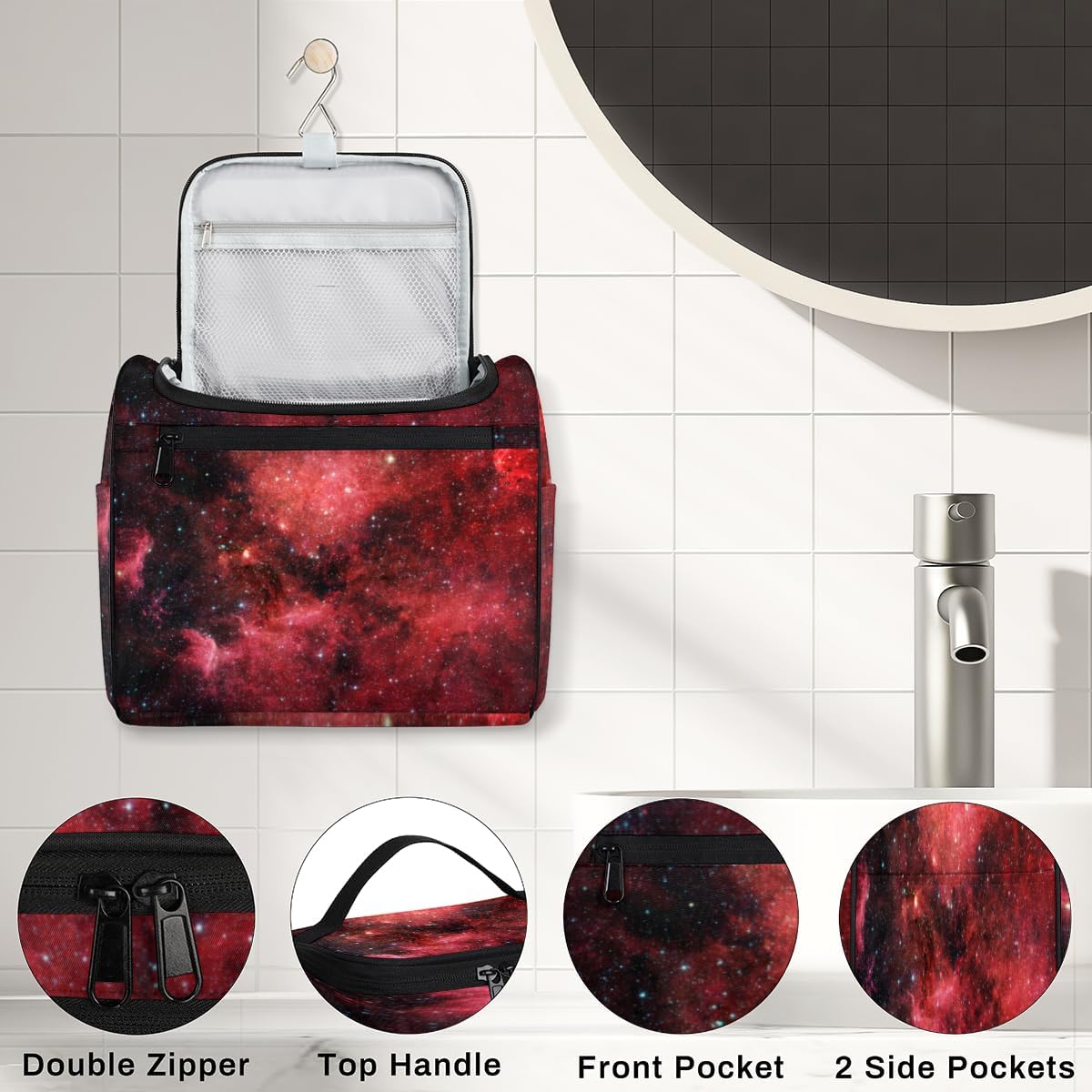 cfpolar Red Galaxy Starry Sky Hanging Travel Toiletry Bag for Women Girls, Waterproof Makeup Organizer Bag Case with Compartments, Portable Bathroom Cosmetic Storage Bag Pouch Holder