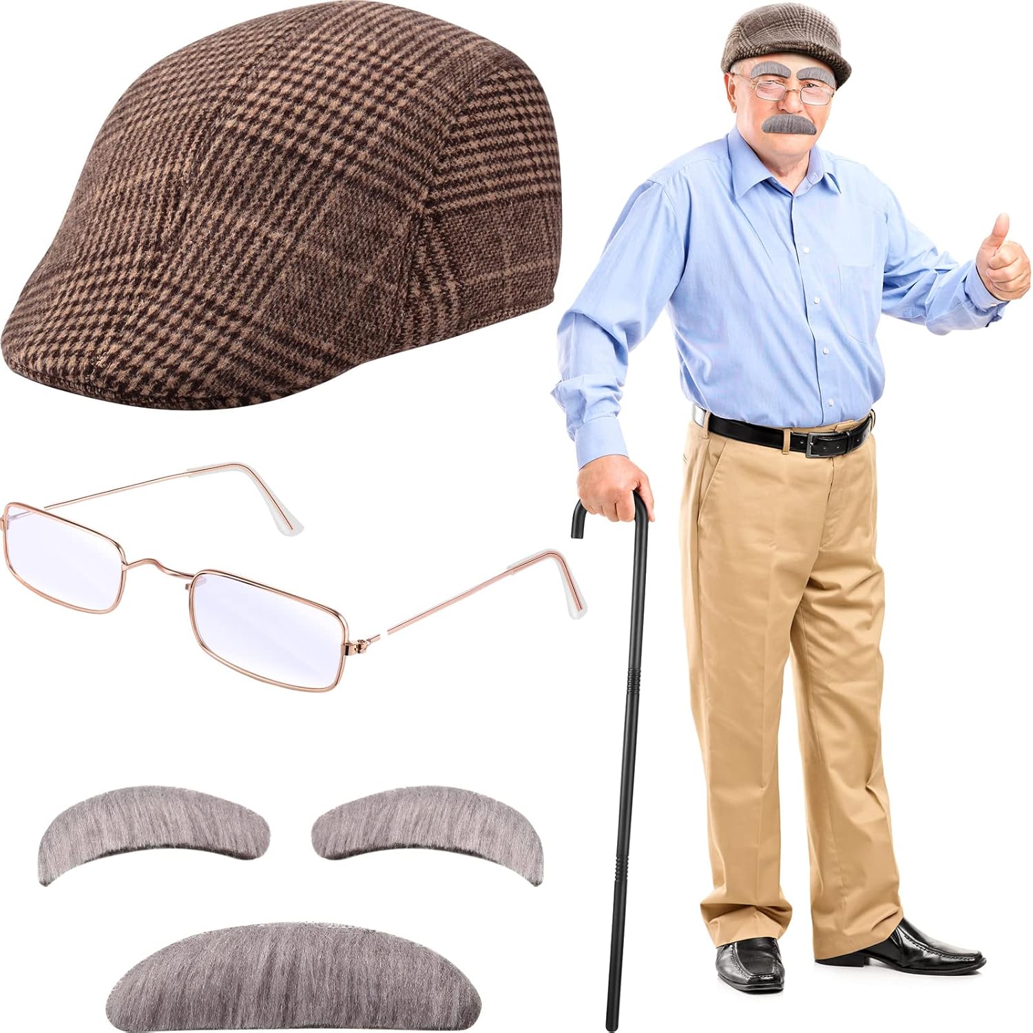 1920s Old Man Costume Grandpa Accessories Including Beret, Glasses, Mustache, Eyebrows, Plastic Walking Cane Old Man Costume Grandpa Cosplay Set for Kids Boys Girls Adults : Clothing, Shoes & Jewelry