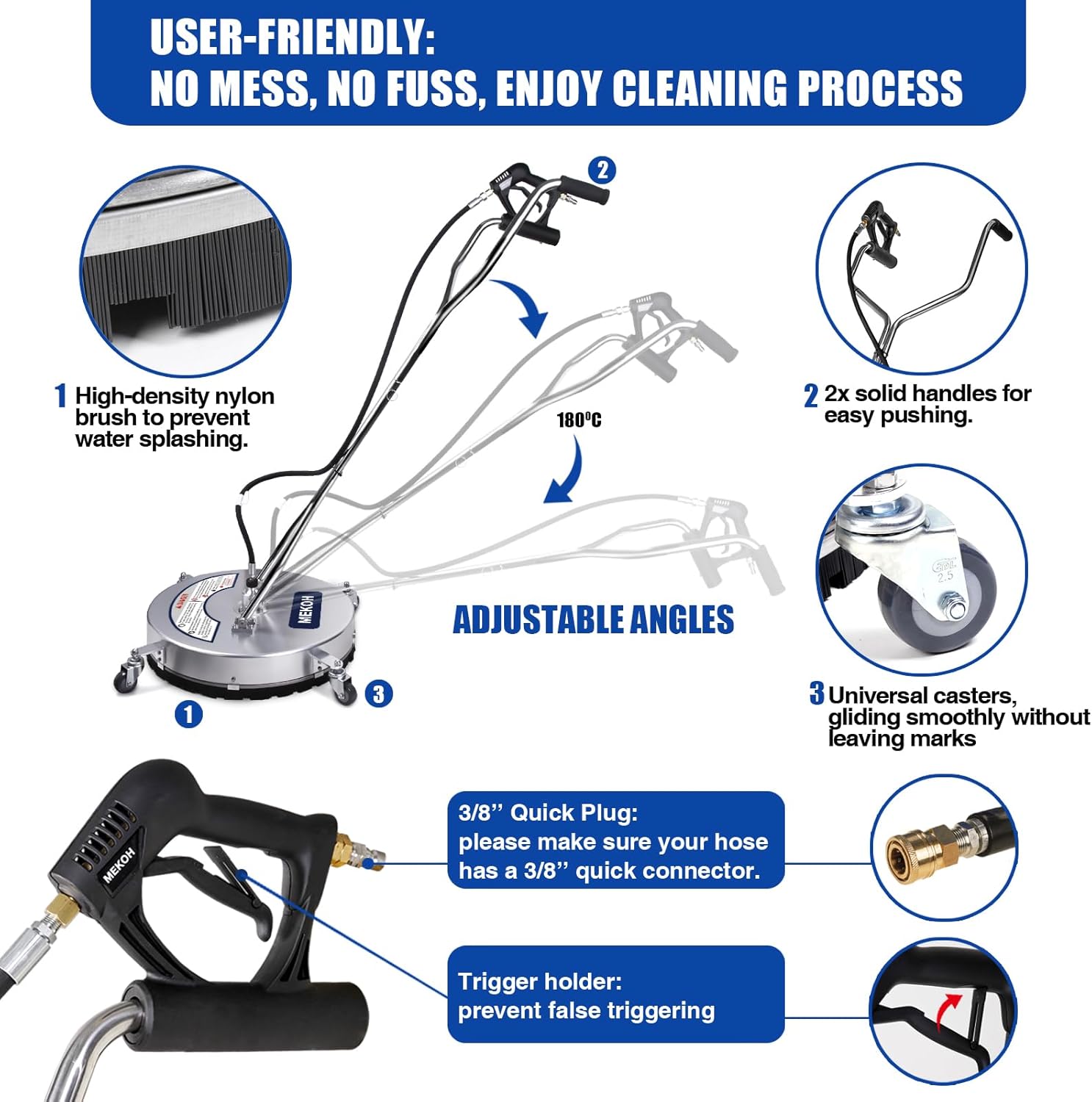 MEKOH Pressure Washer Surface Cleaner 22'', 4500PSI Stainless Steel Surface Cleaner Attachment with Wheels, Power Washer Accessory for Driveway Sidewalk Curb Deck Patio Cleaning, 3/8'' Quick-Connect