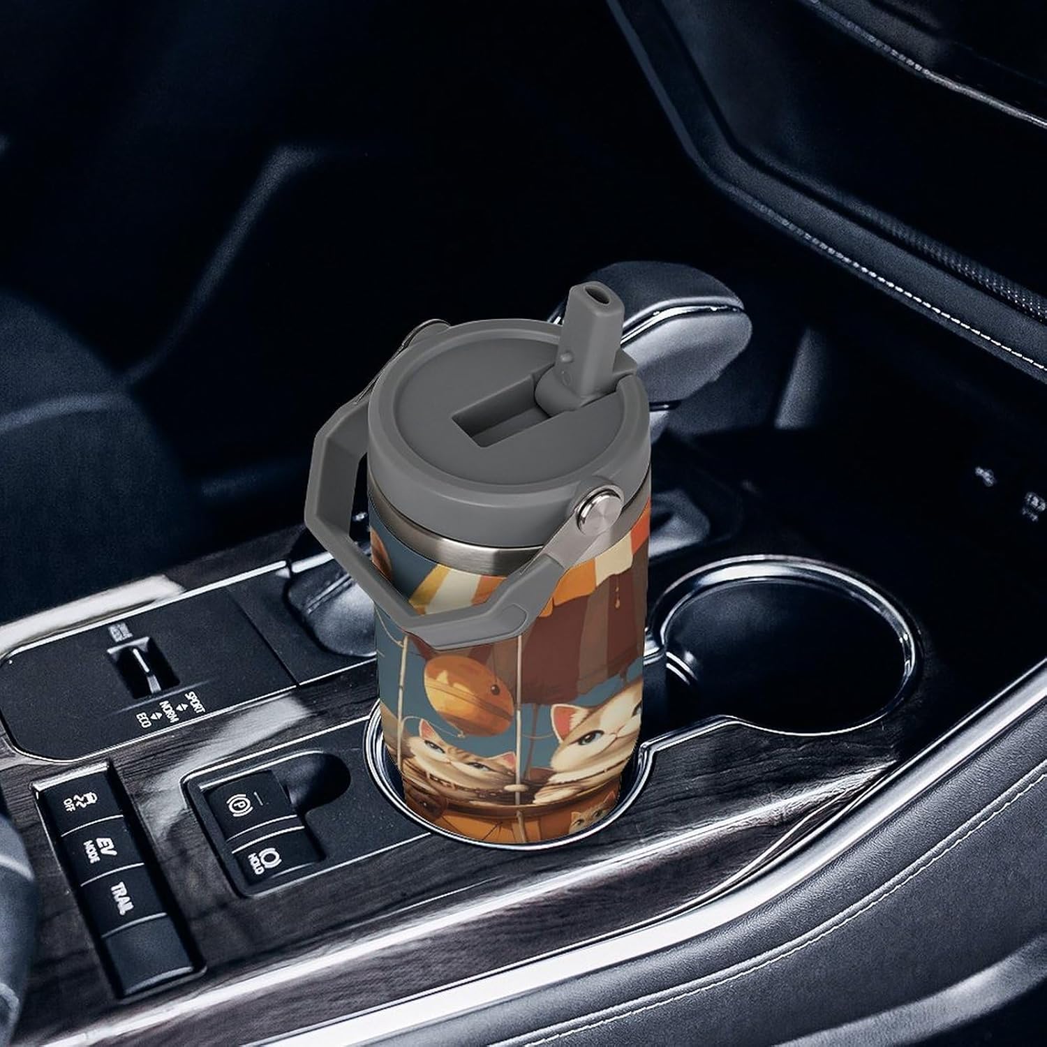 30oz Insulated Tumblers with Top Handle, Stainless Steel Cat And Hot Air Balloon Car Cup with Straw for Gift, Leak-Proof Double Wall Vacuum Travel Mug, Personalized Water Bottles White