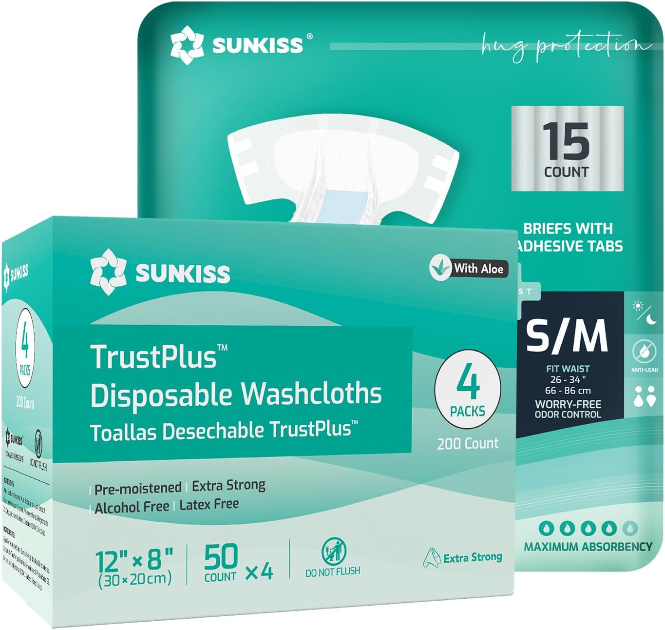 SUNKISS TrustPlus Adult Diapers Small/Medium 15 Count & Wet Wipes 8" x 12" 200 Count Bundle - Leak Protection, Odor Control, Super Absorbency, Body Cleaning