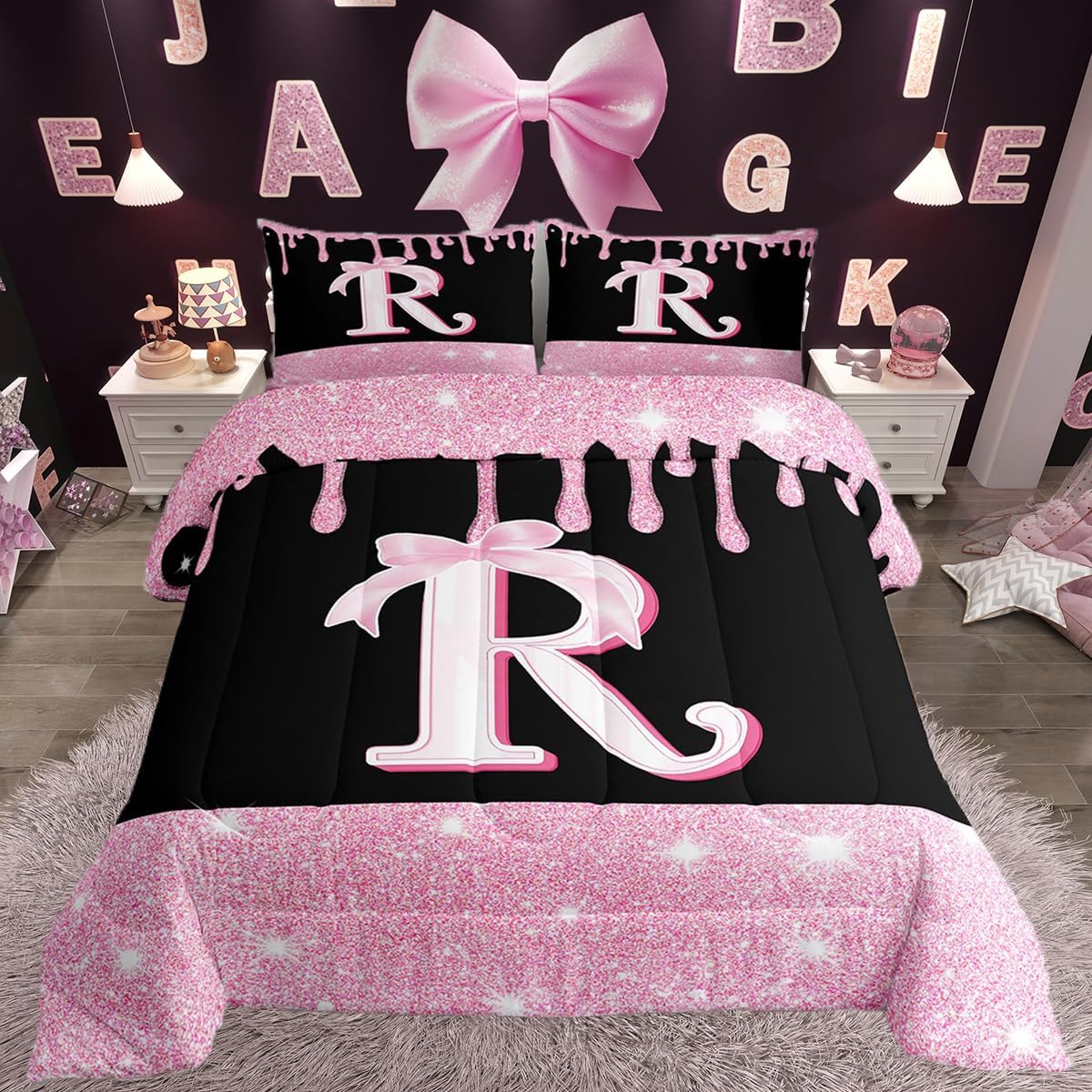 Feelyou Pink Bow Comforter Set Twin Size Initials Decor Bedding Set Gifts for Women Teen Girl Personalized Letter R Duvet Quilt Monogrammed Glitter Diamond Microfiber 2 Pcs with 1 Pillow Cases