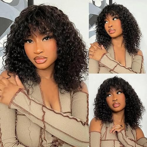 Rebecca Fashion Curly Bob Wig with Bangs Human Hair 14 Inch Short Curly Water Wave Bob Wig Human Hair Wigs for Black Women Glueless Wig 100% Brazilian Remy Hair Natural Color