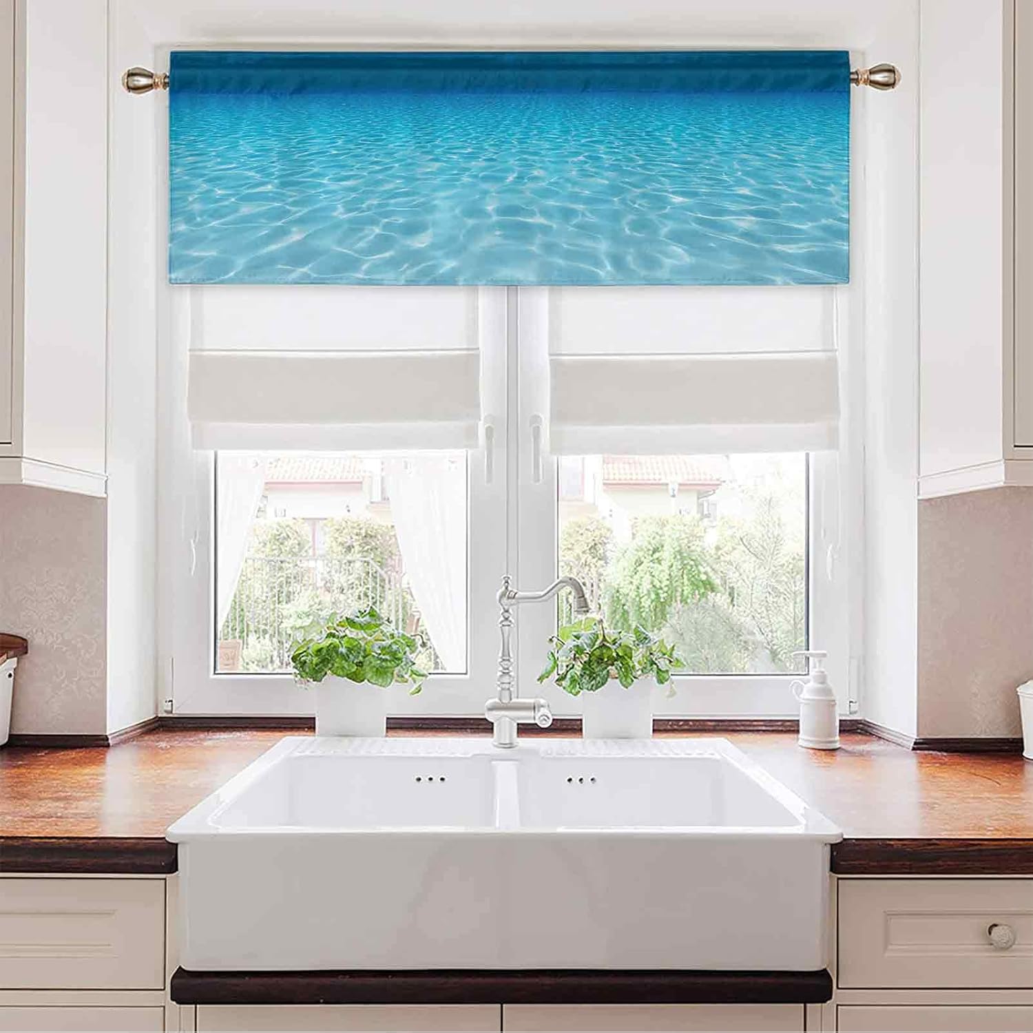 Rod Pocket Curtain Valance, 50"W x 18"L Tranquil Underwater Scene Clean Sandy Bottom Surface with Sunlight Coming from Up Picture Print L Pocket Window Curtains Valance for Kitchen Room Navy Aqua