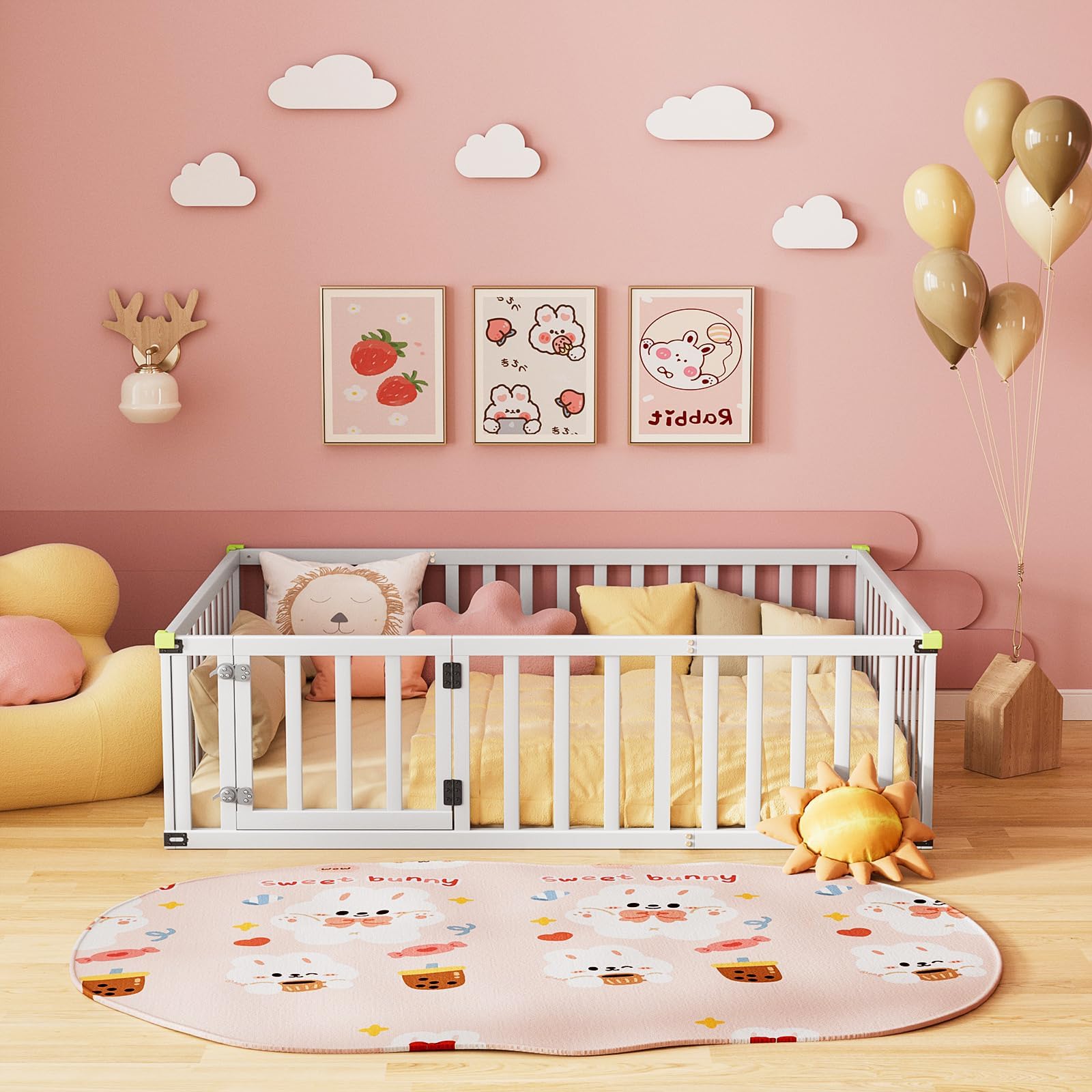 ROOMTEC Full Size Montessori Floor Bed for Kids, Solid Wood Toddler Bed Frame w/Convertible Door and Safety Fence, Floor-Bed-Frame for Children Bedroom, Toddlers, Boys Girls, Kids Playroom, White