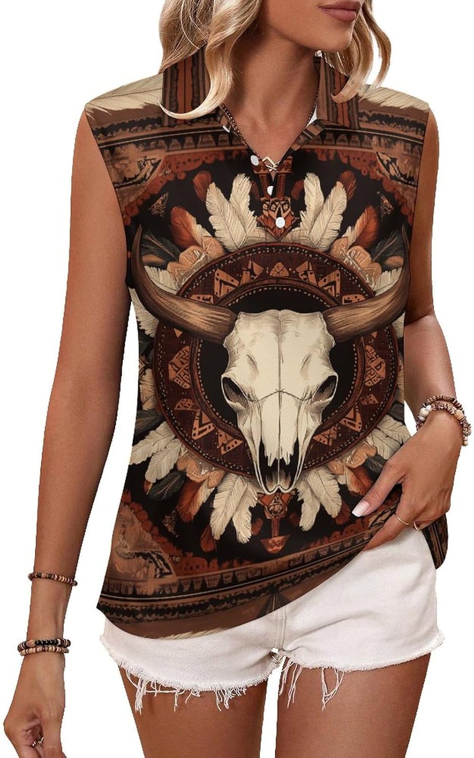 joo meryer Aztec Tribal Golf Shirts for Women Western Cow Printed Button Up Sleeveless Shirts
