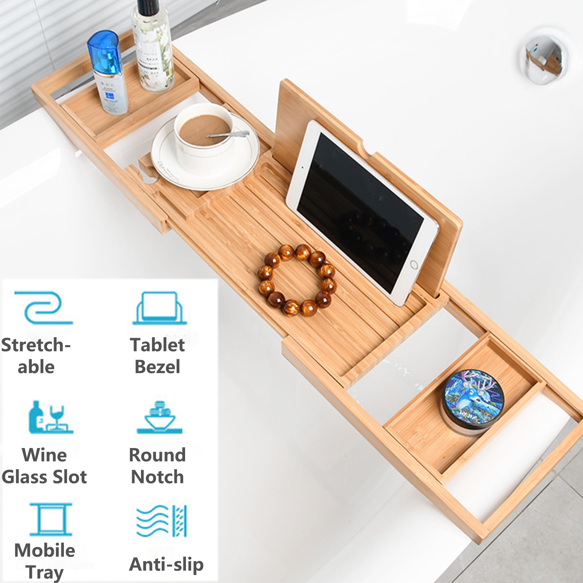 Bandejas de Baño, Bandeja para Bañera Extensible, Bandeja de Bambú para Bañera, Bandeja de Bañera de Madera con Ranura para Copas de Vino, Rejilla para Tableta y Bandeja de Bambú Extraíble