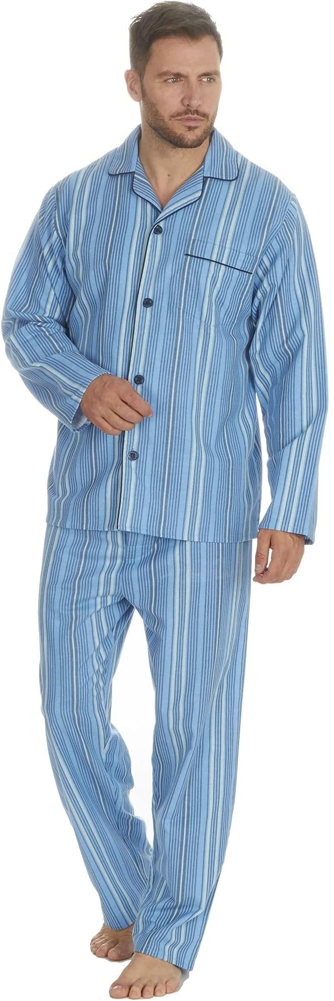 Gensen Men's Light Blue Stripes Traditional Flannel Pj Pyjama Set Night Wear Pj's Pyjamas Gents Cotton Xxl