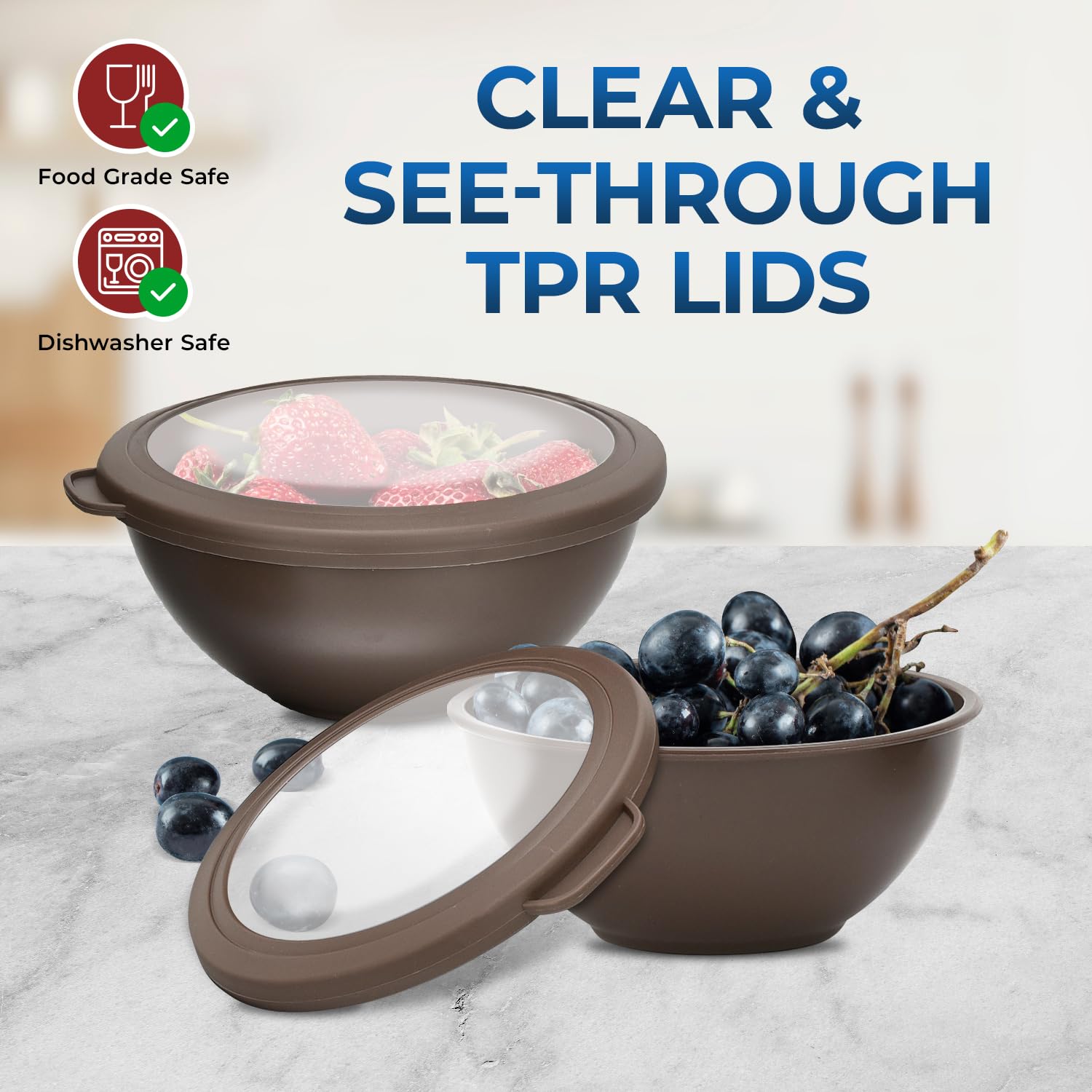 Bakken Master 12 Piece Plastic Nesting Bowls with Lids - Mixing Bowls Set includes 6 Prep Bowls and 6 Lids, BPA-Free, Reusable Meal Prep Containers, Microwave, Freezer & Dishwasher Safe, Brown