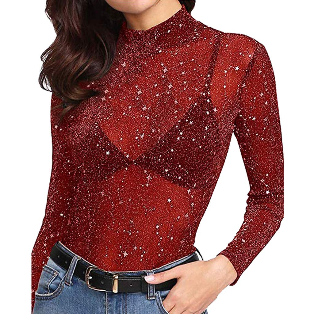 Mesh Sheer Shirt Blouse Red at Amazon 