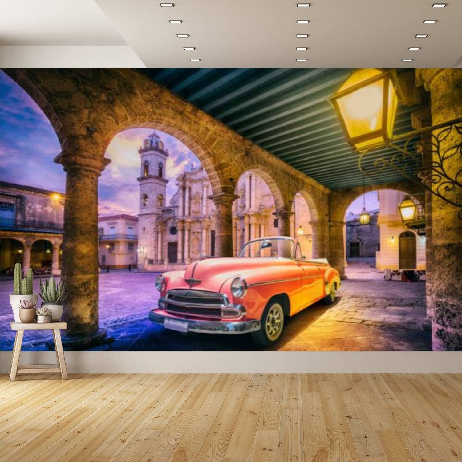PVC Wallpaper Vintage Pink Convertible car Driving Through Old Havana Cuba at Dawn Peel and Stick Removable Wall Paper for Living Room Bedroom Wall Decor Self Adhesive Wall Mural Sticker Home Decor