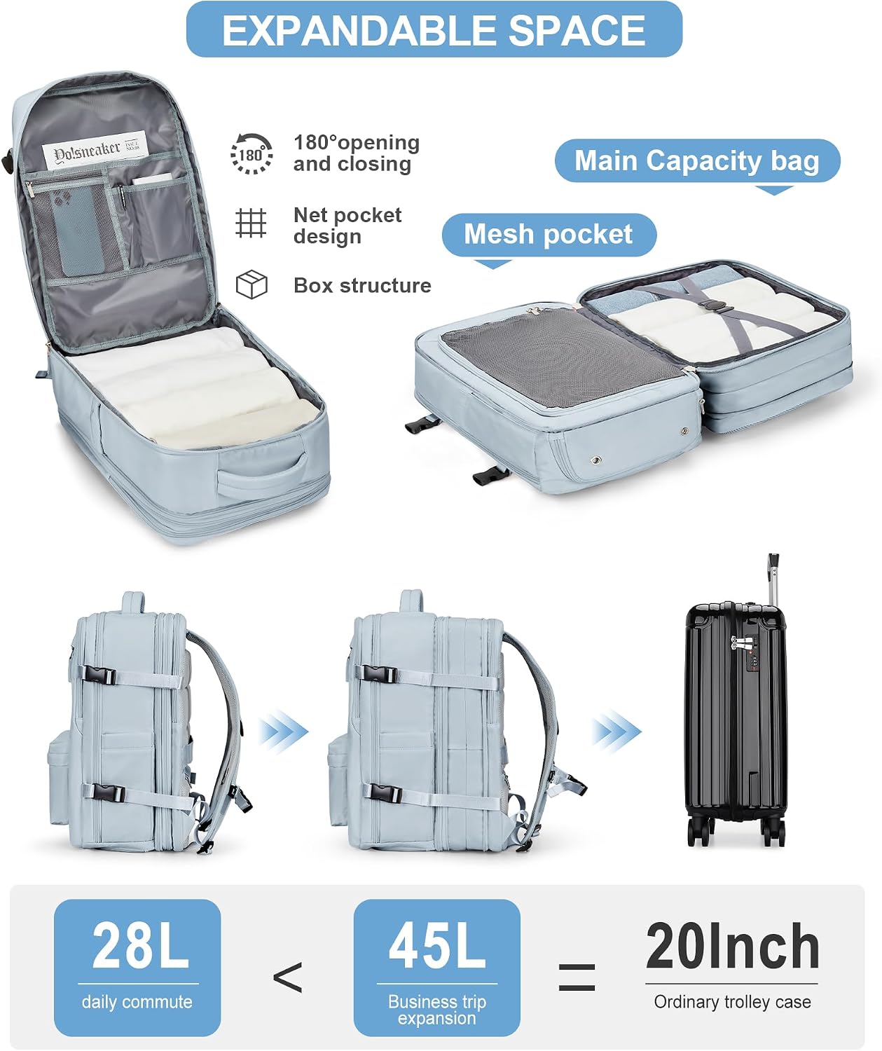 WONHOX Mochila de viagem grande para laptop expansível aprovada por voos mochila de mão para mulheres, A12-azul-claro, Expandable, Viagens