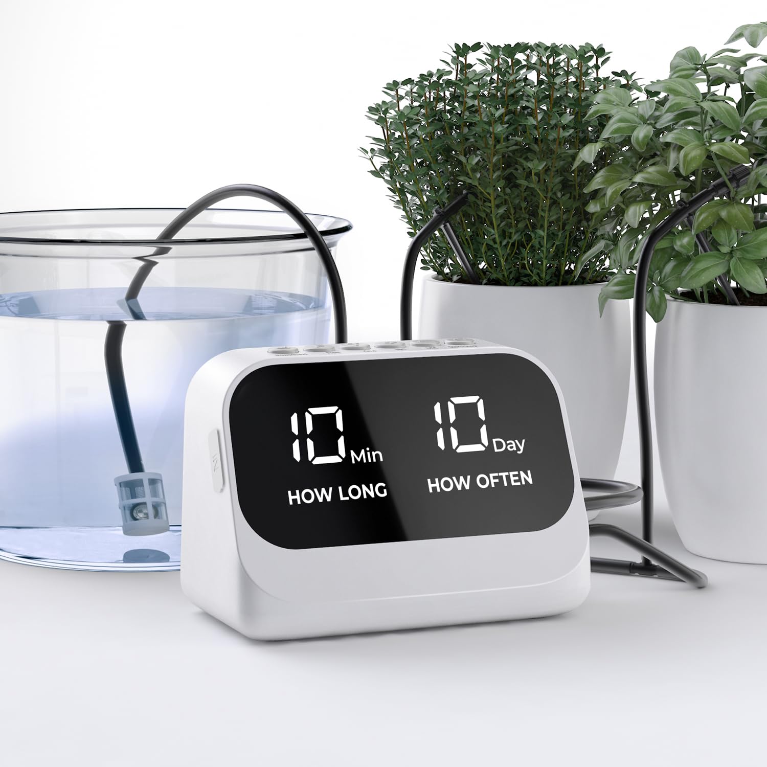 Système d'arrosage automatique pour plantes, système d'arrosage automatique avec minuterie programmable, affichage LED, système d'irrigation d'intérieur USB pour plantes en pot (blanc)