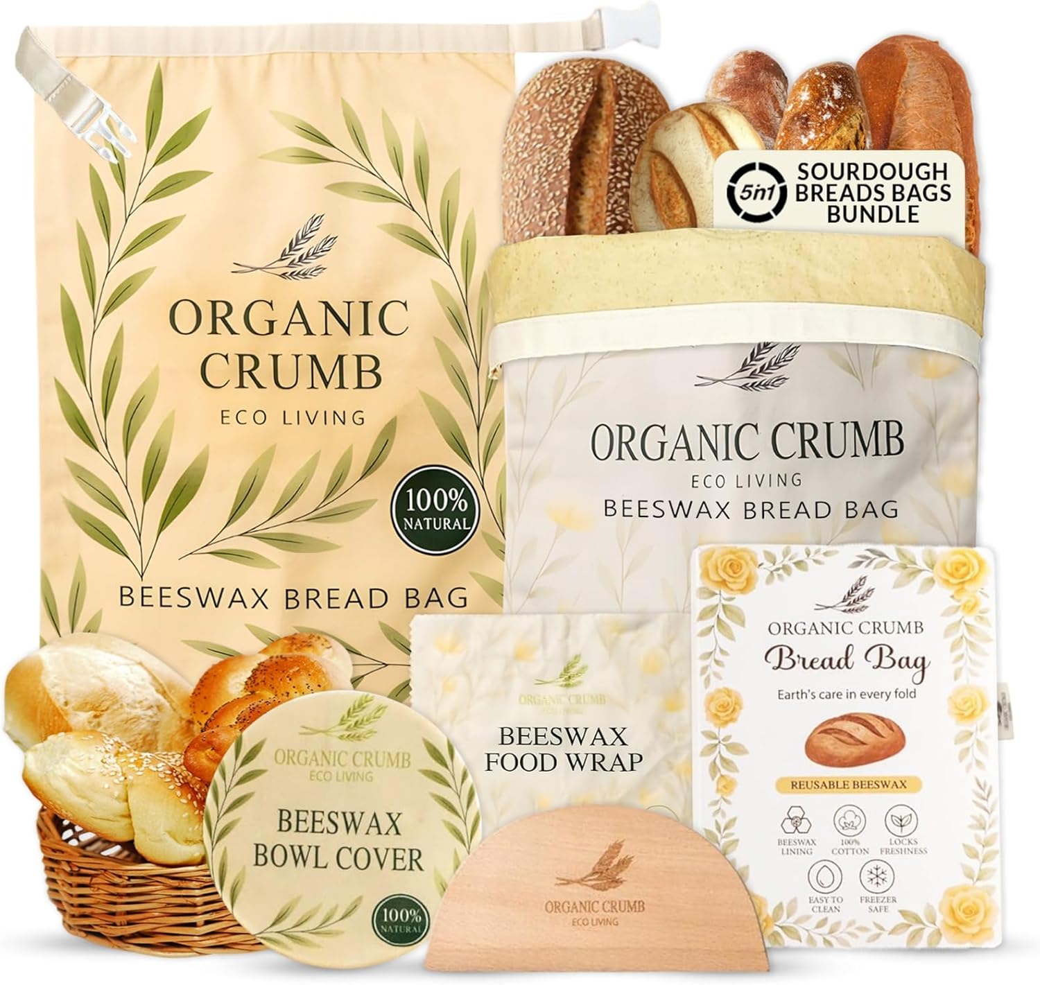 Reusable Bread Bags for Homemade Bread (5 in 1) – 2 XL Cotton Beeswax Bags, Reusable Beeswax Wrap, Bowl Cover & Dough Scraper – Eco-Friendly Storage for Sourdough Bread Bags.