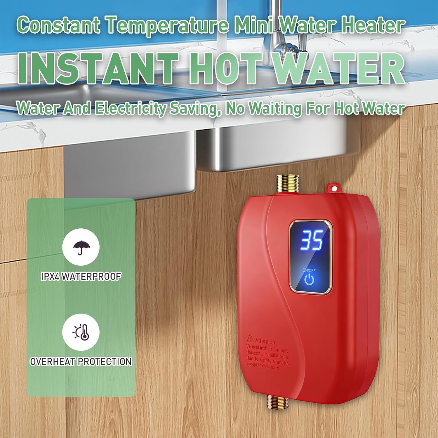 Tankless Water Heater Electric, 110V 3000W Instant Hot Water Heater with Adjustable Temperature & US Plug for Kitchen, RV, Small Sink – No Waiting, Energy Efficient - Red