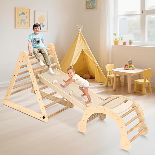 Miniatura 10 de YOLEO Juego de triángulos Pikler mejorado, triángulo de escalada Montessori plegable 7 en 1 con rampa y balancín de arco, juguetes de escalada
