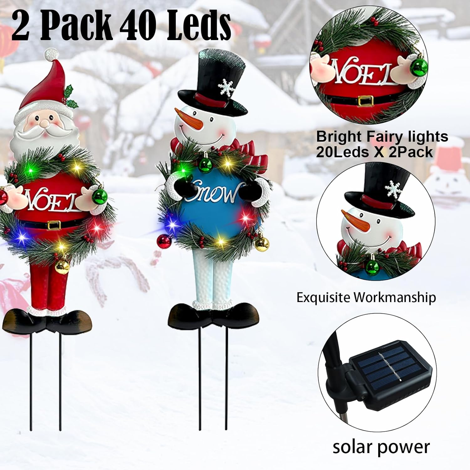 Solar Christmas Yard Decorations Outdoor - 2 Pack Metal Xmas Yard Signs 30” Snowman Santa Claus Lighted Garden Stakes with Colorful Lights for Garden Pathway Holiday Winter Lawn - Image 4