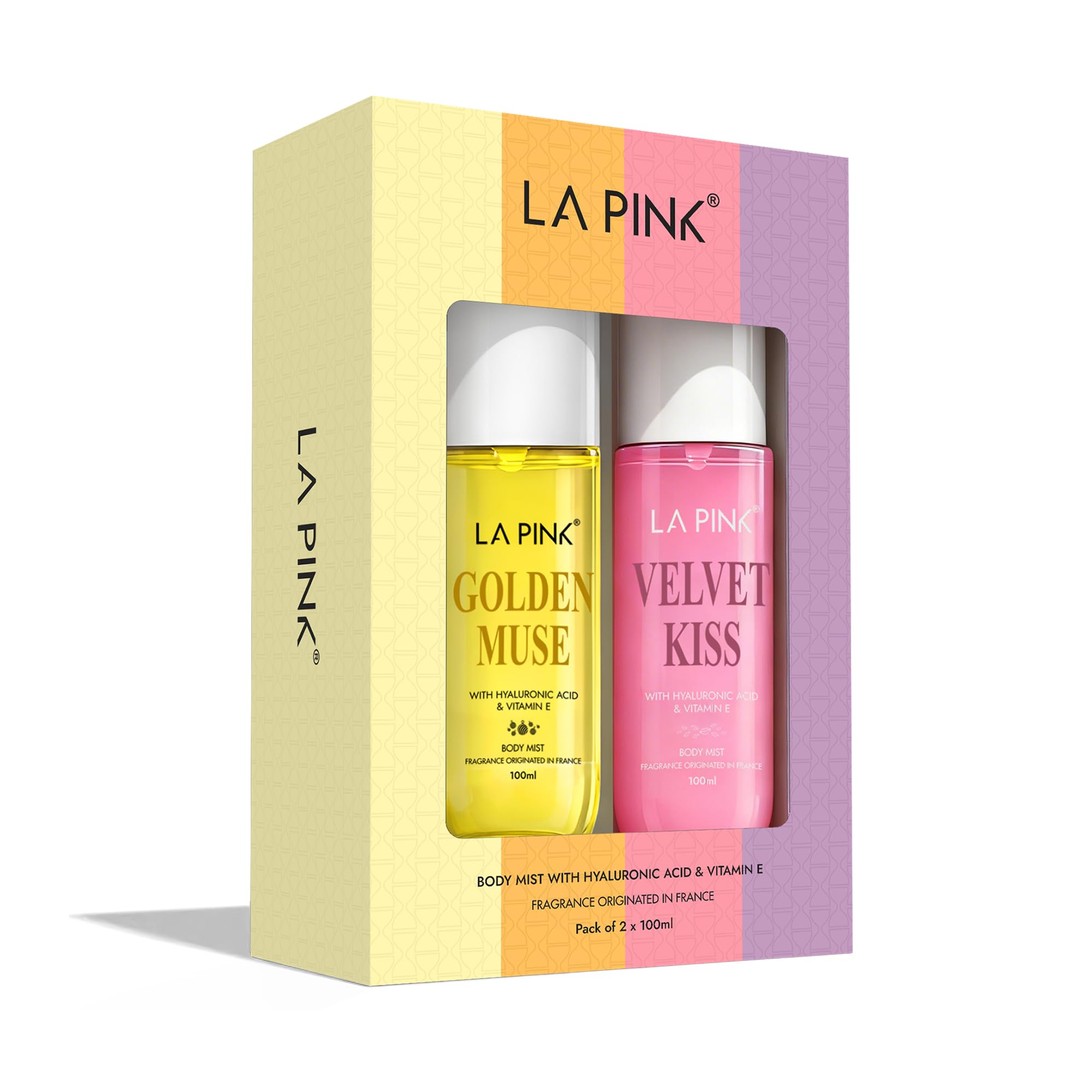 LA PINK Velvet Kiss & Golden Muse Perfume Body Mist Combo | Aquatic Marine & White Floral Vanilla Fragrance | Lightweight Body Spray | Long Lasting Freshness with Hyaluronic Acid & Vitamin E | 100ml Each-image-23
