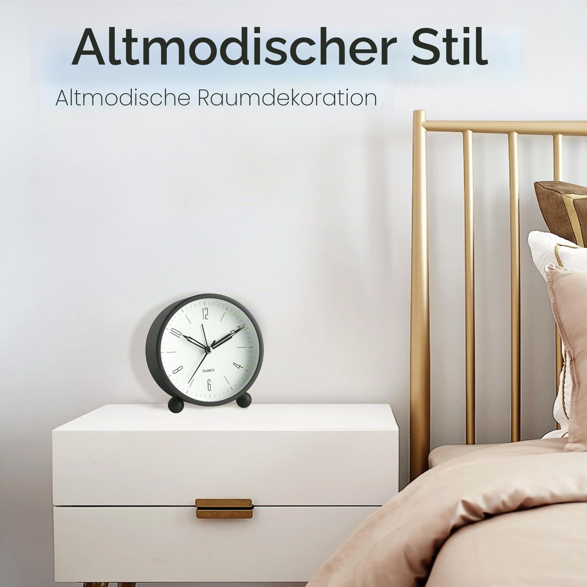 4 Zoll Analogwecker, super leise kein ticken, kleine Nachttischlampenuhr batteriebetrieben, einfaches Design, für Nachtbett, Büro, Schwarz