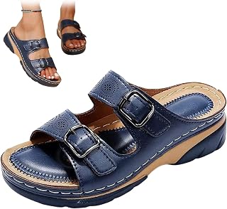 GUTZBSY New Women Leather Sandals with Arch Support,Summer Breathable Adjustable Slip On Orthopedic Diabetic Wedge,Comfortable Casual Anti-Slip Open Toe Walking Beach Slippers Shoes (Dark Blue,8)