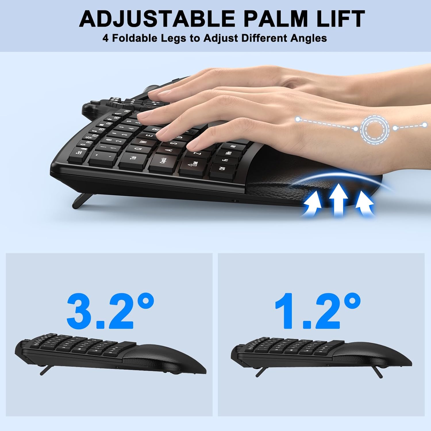 Ergonomic Wireless Keyboard Mouse, Wave Key Bluetooth/2.4G Split Design Ergo Keyboard Mouse Combo with Cushioned Palm Rest, Multi-Device, Rechargeable, for Multi-OS, Windows/Mac/Android