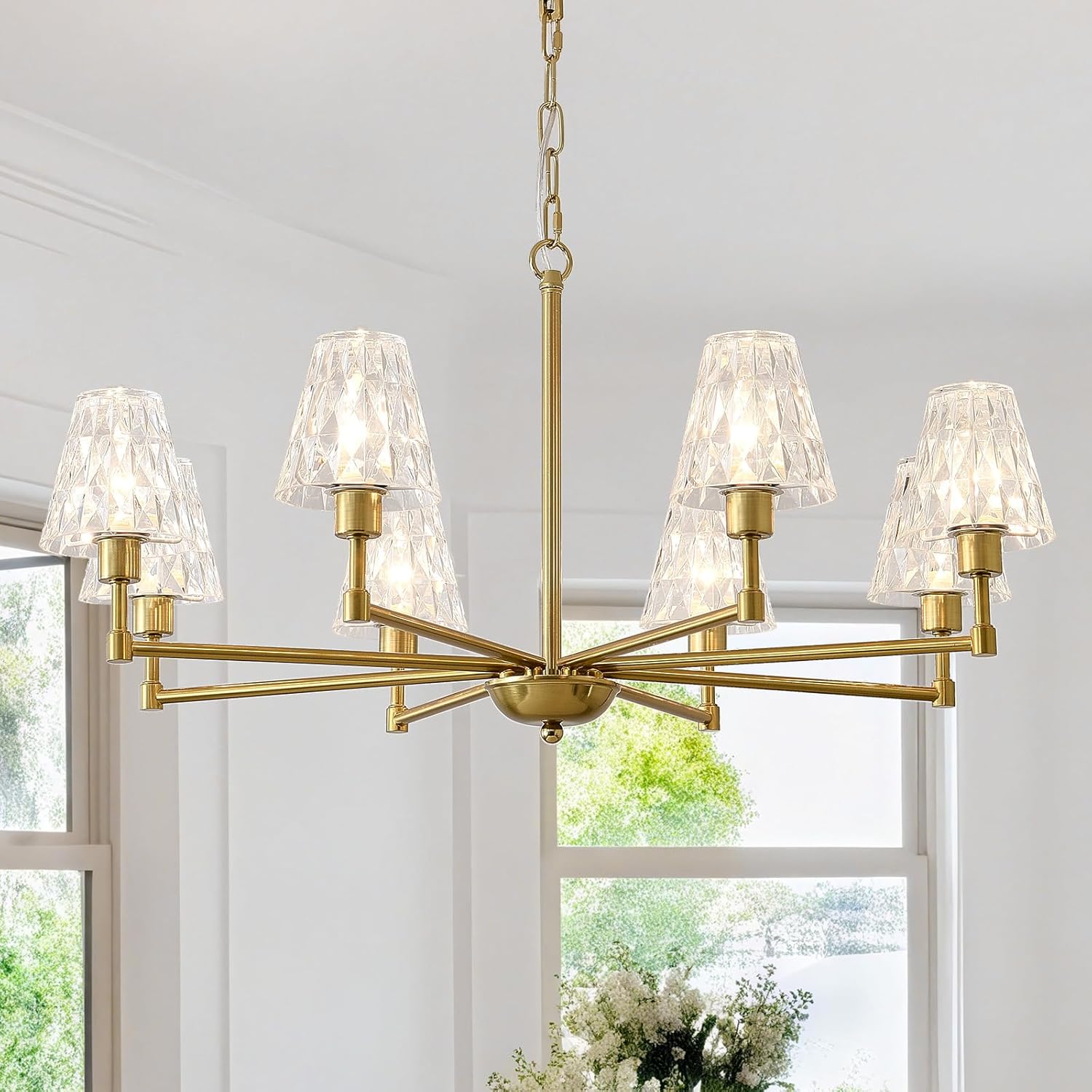 d Farmhouse for Dining Room, 8-Light Modern Light Fixture, Brushed Brass Industrial Hanging Ceiling Lighting for Living Room Bar Kitchen Island Lights