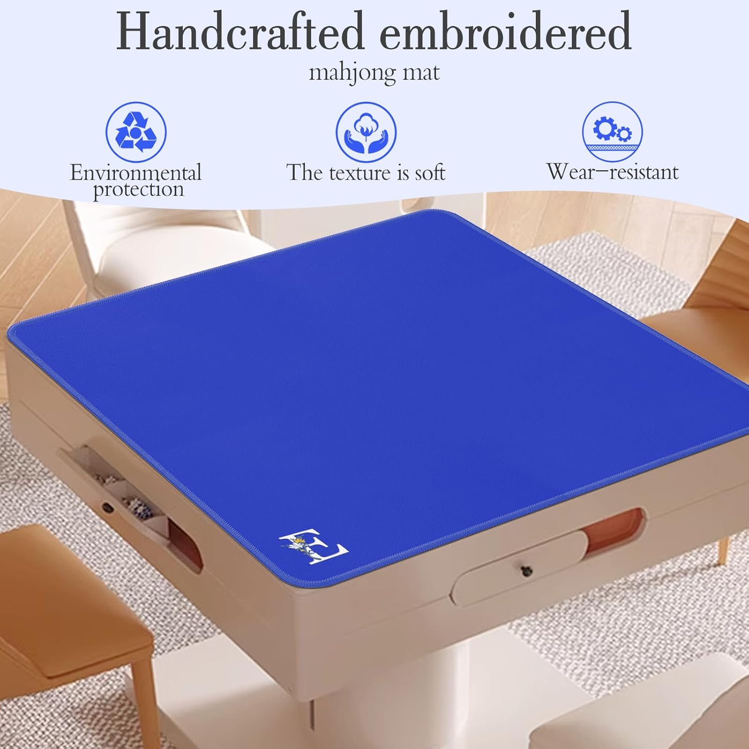 Mahjong Mat for Table | Neoprene Anti-Slip Noise Reduction | 32.4x32.4 Inch Blue | Perfect for American Mahjong, Poker, Card & Board Games | Great Gift Idea(Custom Letter E Edition)