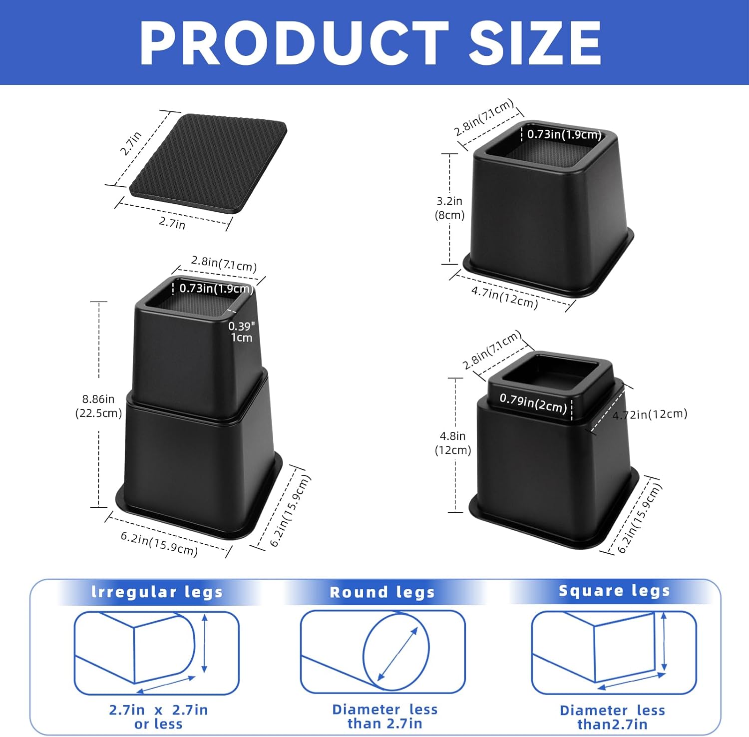 8 inch Bed Risers Adjustable Furniture Risers - Heavy Duty Non-Slip Lift Supports for Beds/Couches/Sofas, Durable Square Design with Creates Storage Space (4 Pack Black, 3/5/8 lnch Square)