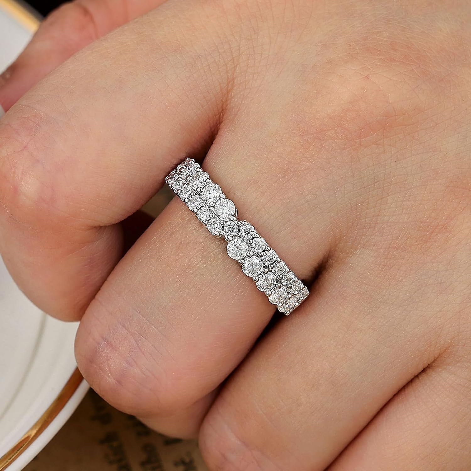 Moissanite 2 Row Wedding Bands for Women Eternity Rings for Her D Color VVS1 Clarity Stackable Ring 925 Sterling Silver - Image 3