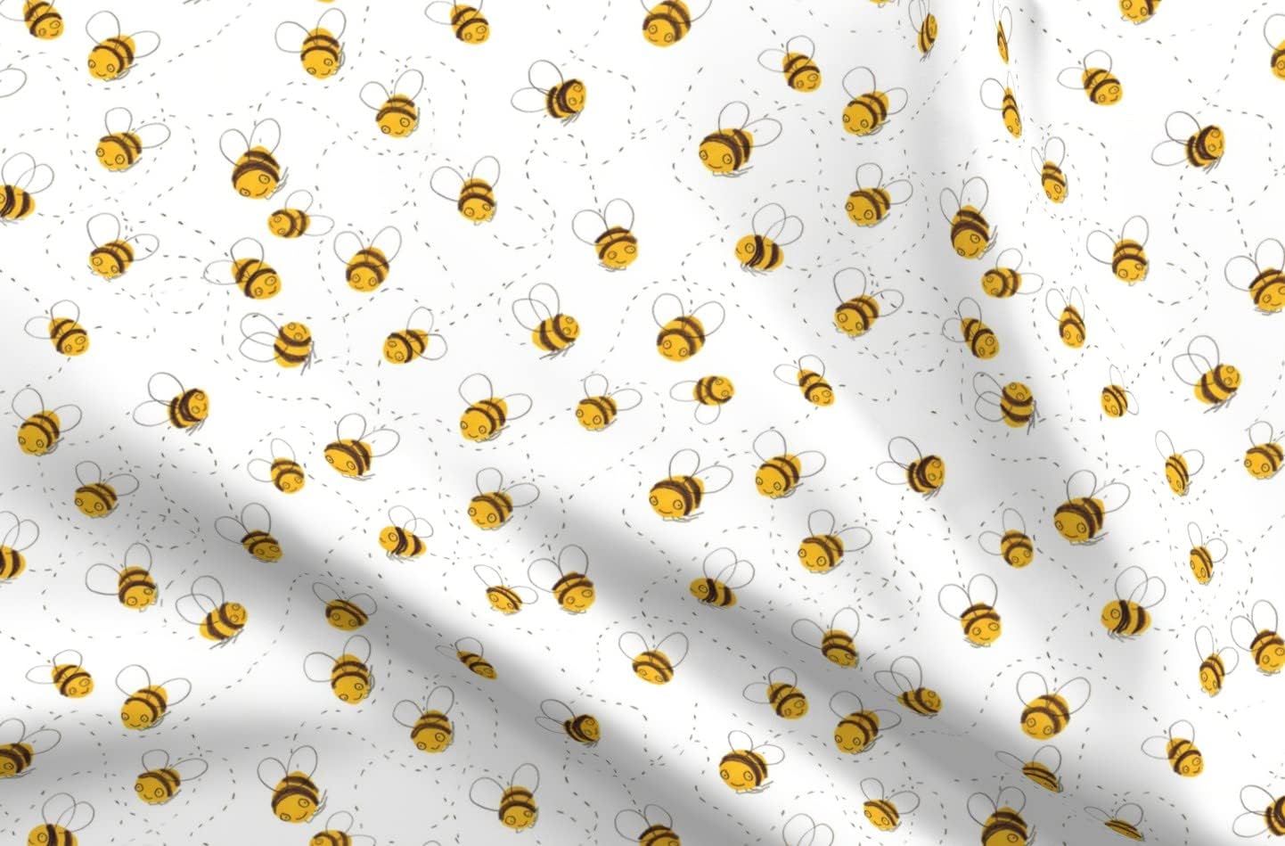 Spoonflower Fabric - Honey Bees Cute Summer Bugs Flowers Fresh White Yellow Printed on Organic Cotton Sateen Fabric by The Yard - Sewing Quilting Apparel Home Decor