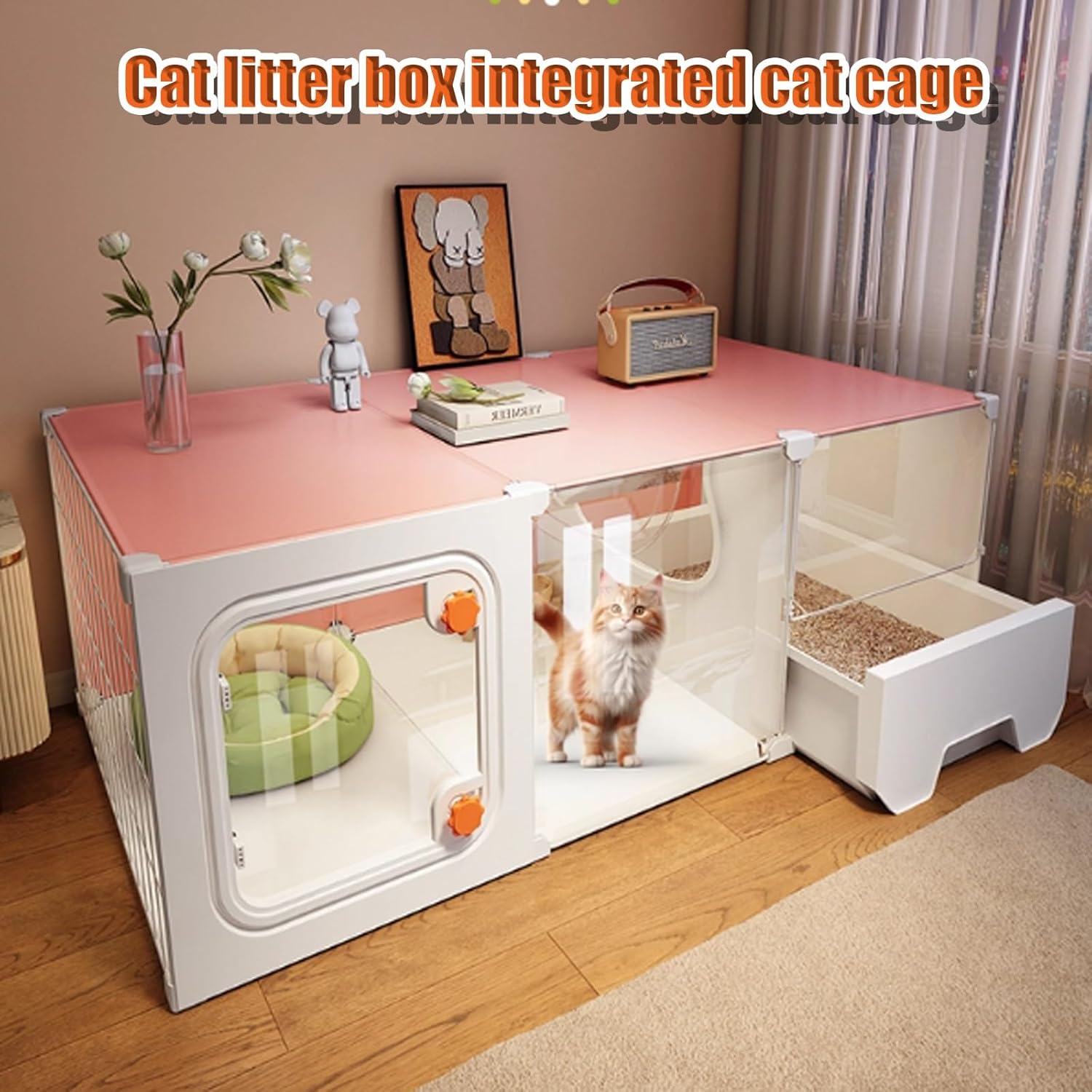 Large Cat Cage with Detachable Condo & Litter Box - DIY Semi-Enclosed Playpen for Indoor Cats, Ventilated Transparent Villa, Ideal Cat House for Play & Relaxation