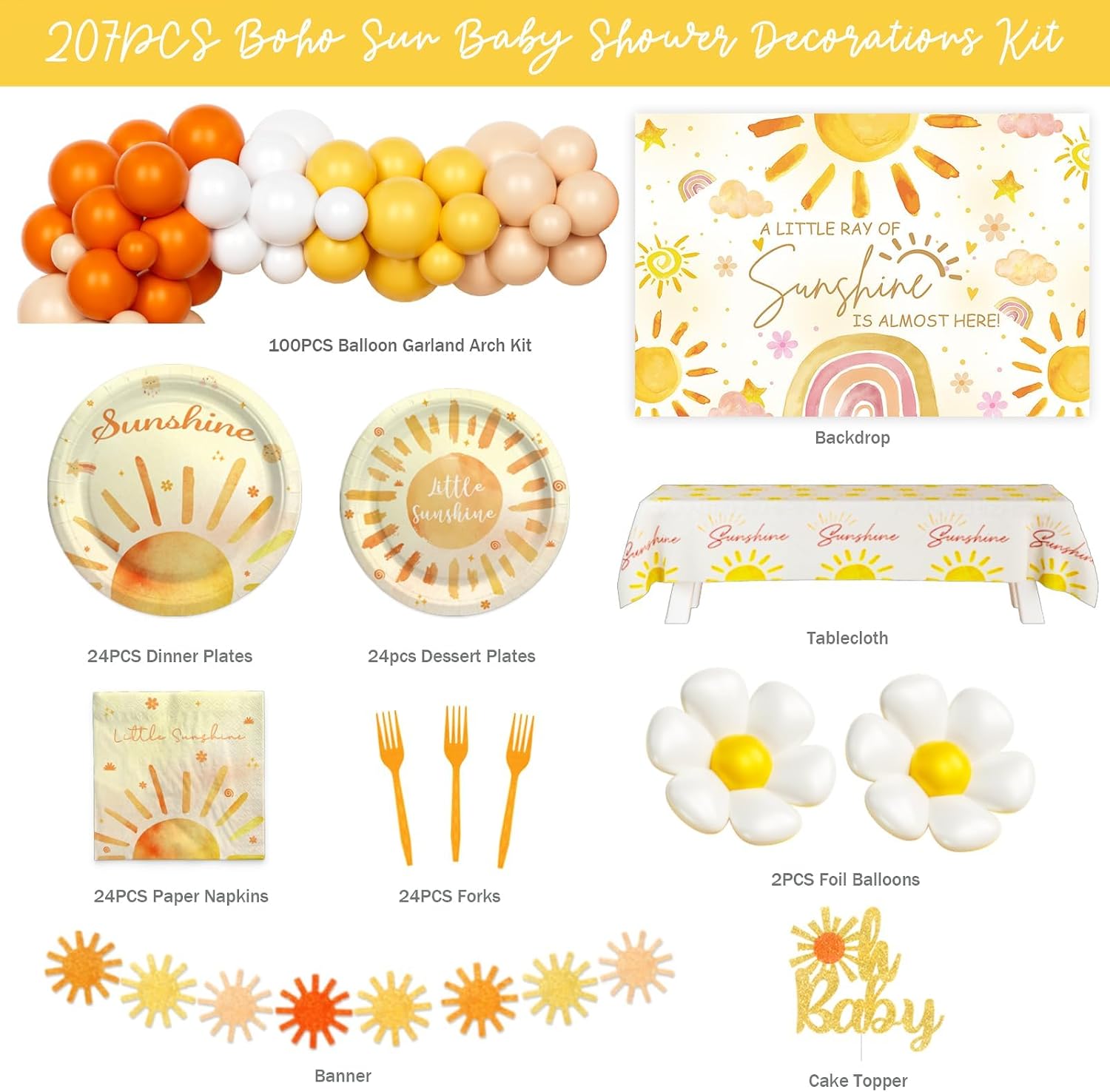 Sunshine Baby Shower Decorations for Girl, A Little Ray of Sunshine is Almost Here Party Decorations, Boho Sun Baby Shower Decorations Backdrop Balloons Banner Tablecloth Plates Napkins Forks