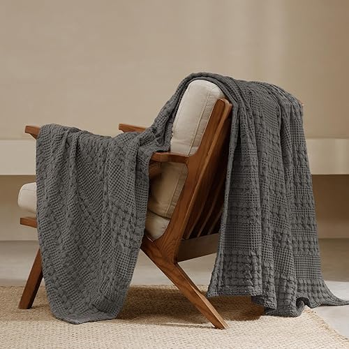 Miniatura 14 de PHF - Manta de punto gofre 100% algodón Queen, suave, ligera, transpirable, acogedora, de verano, para cama, tejida, estética, decoración del hogar