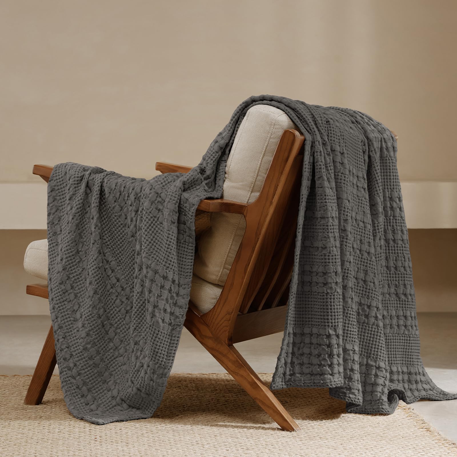 PHF 100% Cotton Waffle Weave Throw Blanket, Soft Lightweight Breathable Cozy Throws for Couch Bed Sofa, Luxury Aesthetic Blanket Gift for Home Decor & Office, 50"x60", Charcoal Grey