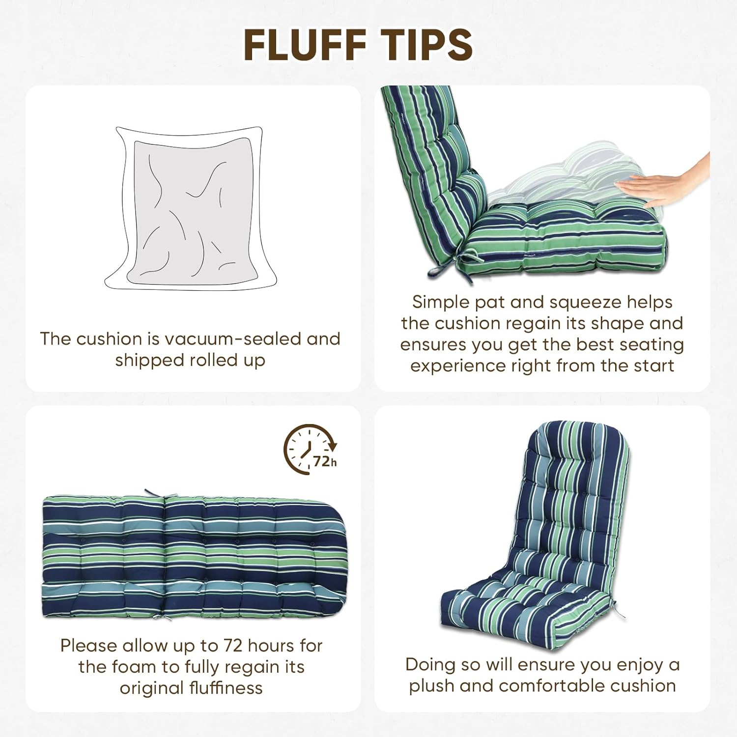 COOS BAY High Back Adirondack Chair Cushions for Outdoor Furniture, 49x20x5 in Water-Resistant Thick Tufted Patio Chair Cushions with Secure Straps, Set of 2, Seabrook Stripe