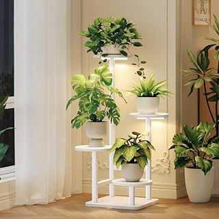 Homsorout Plant Stand Indoor with Grow Light, 4-Tiered Tall Plant Stand Indoor, Metal Plant Shelf with Adjustable Light, Ideal for Living Room, Garden, Patio white
