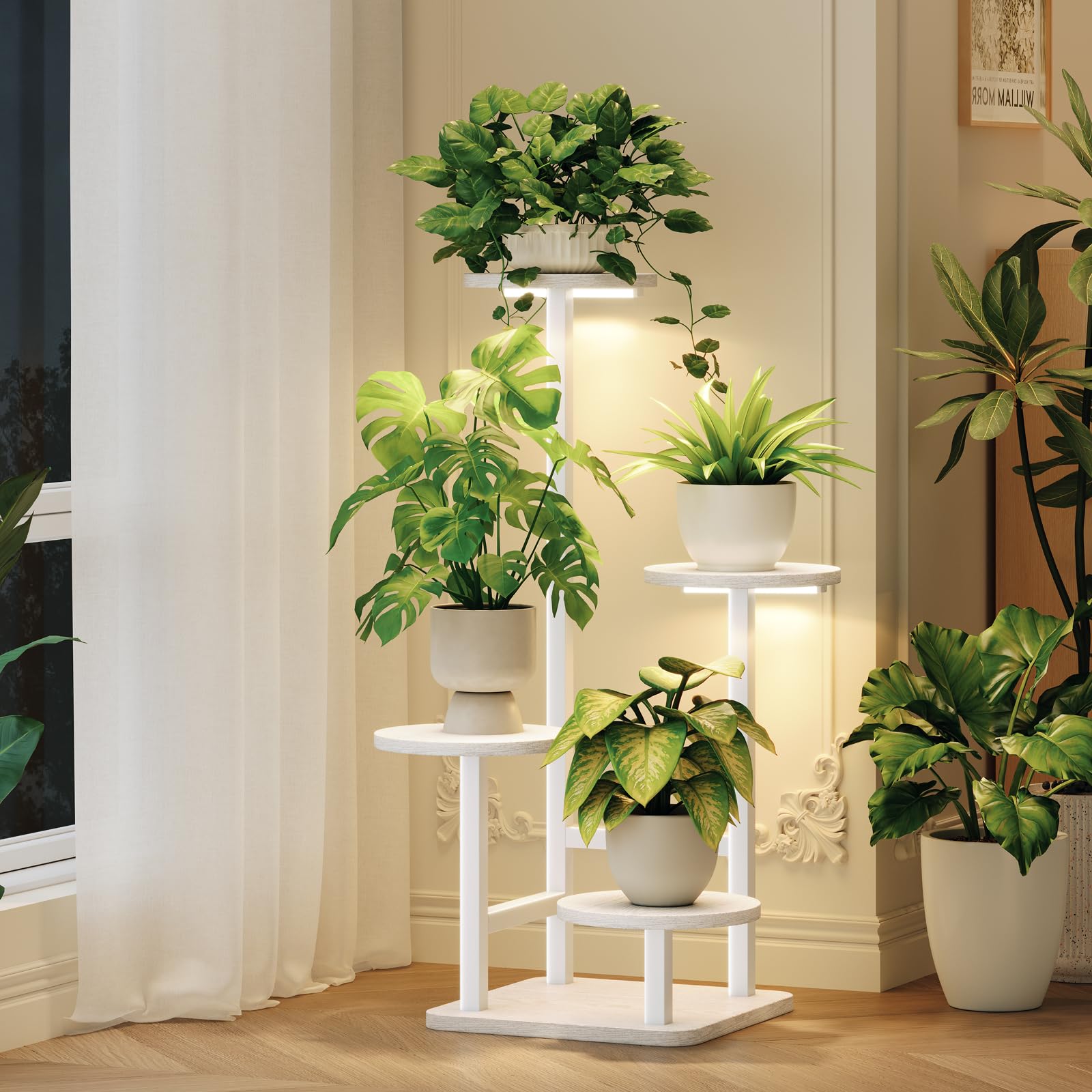Homsorout Pflanzenständer Innen mit Wachstumsleuchte, 4-stöckiger hoher Pflanzenständer innen, Pflanzenregal aus Metall mit einstellbarem Licht, ideal für Wohnzimmer, Garten, Terrasse, Weiß