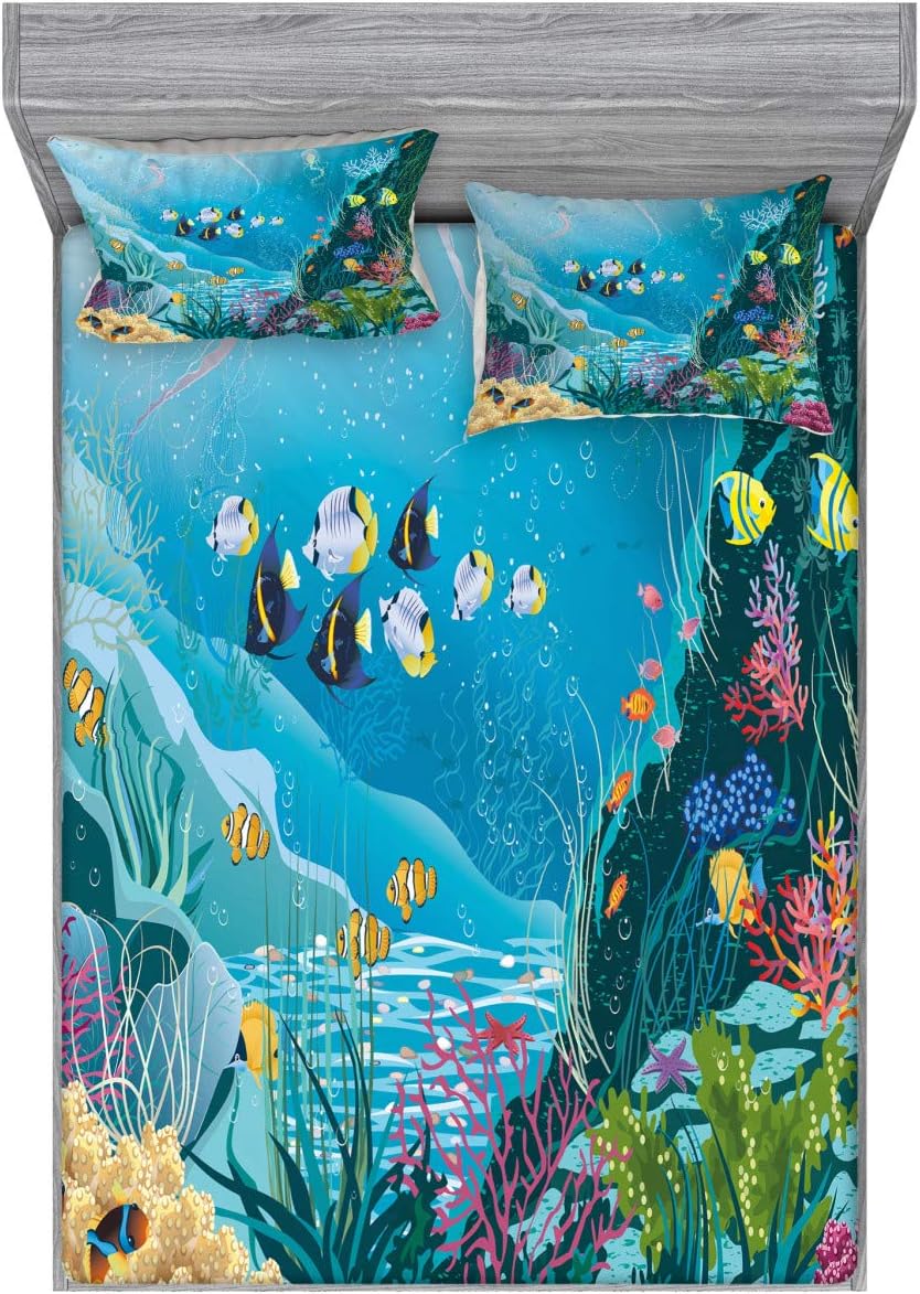 Ambesonne Fish Fitted Sheet & Pillow Sham Set, Underwater Landscape with Tropical Fish and Algae Polyps Descriptive Nautical Image, Decorative Printed 3 Piece Bedding Decor Set, Full, Blue Dark Teal