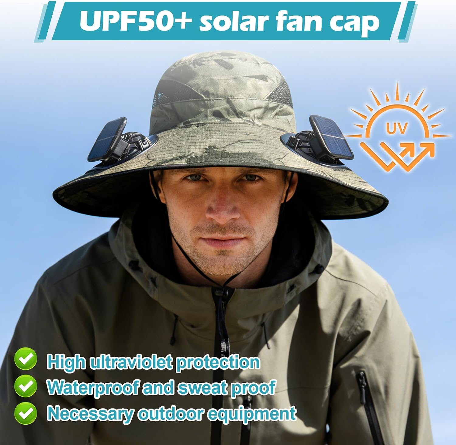 Wide Brim Sun Hat with 2 Solar Fans, UPF 50+, USB Charging for Fishing, Hiking, Beach | Solar Power Hat
