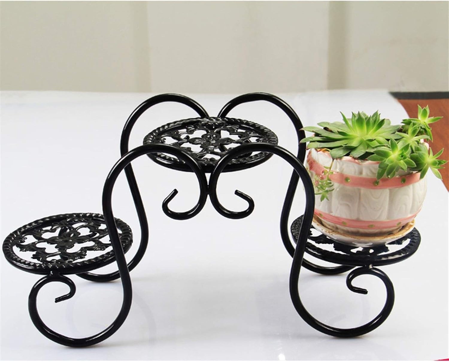 Wrought Iron Mini Plant Stand Desktop Flower Pot Holder Home Garden Indoor Display Plant Stand Shelf - Black
